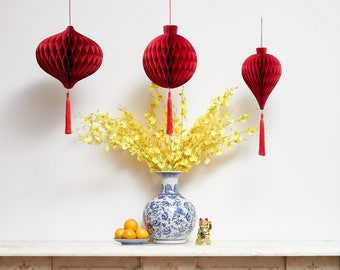 Lunar New Year paper red lanterns (set of 3 -- onion and ball shapes)