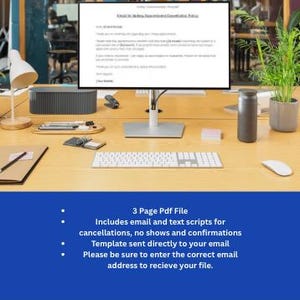 May include: A computer monitor displaying text, with a keyboard, mouse, and other office supplies on a wooden desk. The monitor shows a document titled "Email & SMS Appointment Cancellation Policy". The image also includes a plant and a speaker.