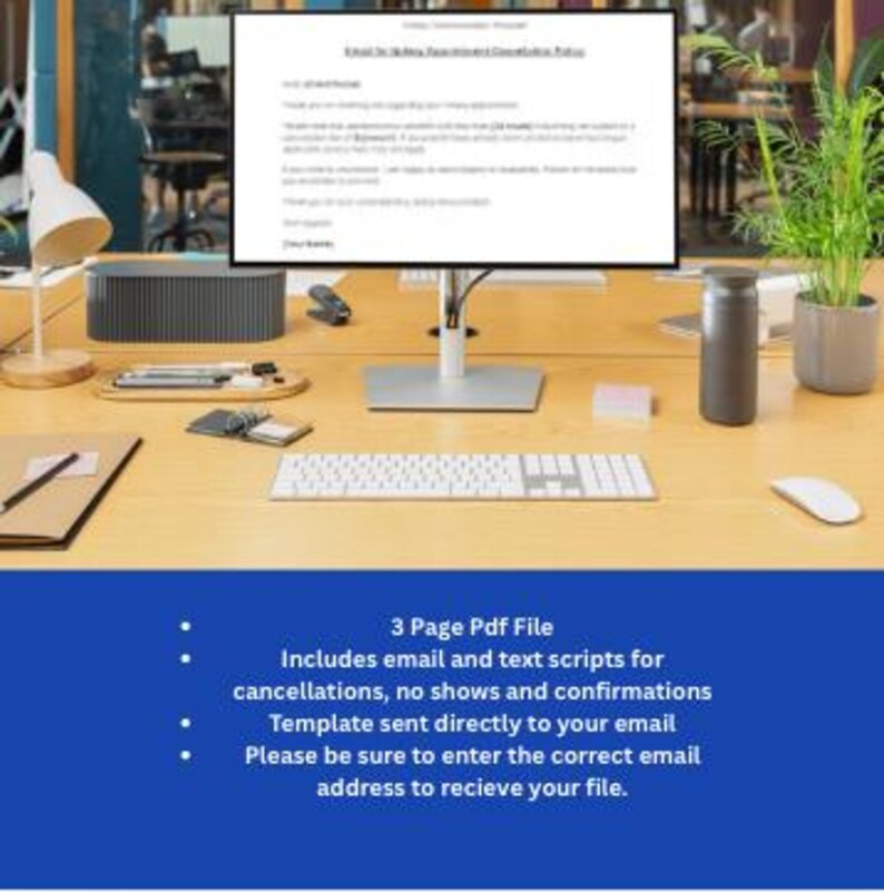 May include: A computer monitor displaying text, with a keyboard, mouse, and other office supplies on a wooden desk. The monitor shows a document titled "Email & SMS Appointment Cancellation Policy". The image also includes a plant and a speaker.