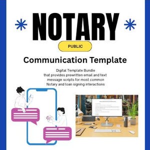 May include: A digital template bundle for notary public communication. The image shows the word "NOTARY" in large black letters, with "PUBLIC" in a yellow rectangle below. The text "Communication Template" is also visible, along with a description of the bundle.