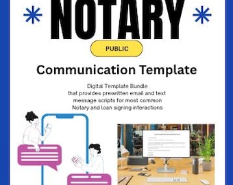 May include: A digital template bundle for notary public communication. The image shows the word "NOTARY" in large black letters, with "PUBLIC" in a yellow rectangle below. The text "Communication Template" is also visible, along with a description of the bundle.