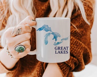 Great Lakes Ceramic Mug, Midwest Design Coffee Cup, 11oz Tea Mug, Lake Lover Gift, Nautical Kitchen Decor, Michigan Travel Souvenir