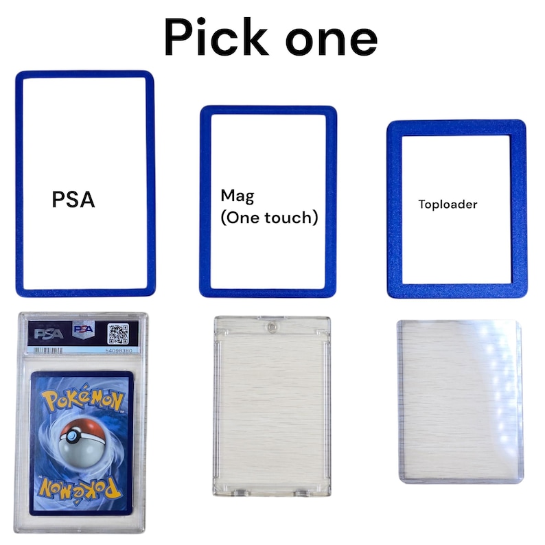 Puede incluir: Imagen que presenta tres tipos de protectores de cartas: PSA, Mag (One touch) y Toploader. El protector PSA es una funda de pl&aacute;stico transparente con un borde azul, que contiene una carta de Pok&eacute;mon. El Mag es una funda rectangular transparente. El Toploader es una funda de pl&aacute;stico transparente.