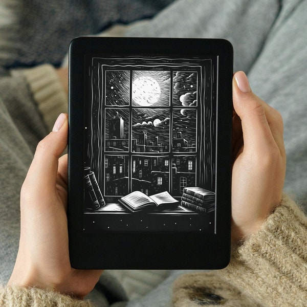 Stürmische Bibliotheksfenster - Kindle Sperrbildschirm, Trendy Bookish Design, Personalisieren Sie Ihren Kindle Lock Screen, digitaler Download