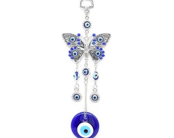 Hanging Butterfly Ornament - Blue Turkish Nazar Charm with Glass Beads