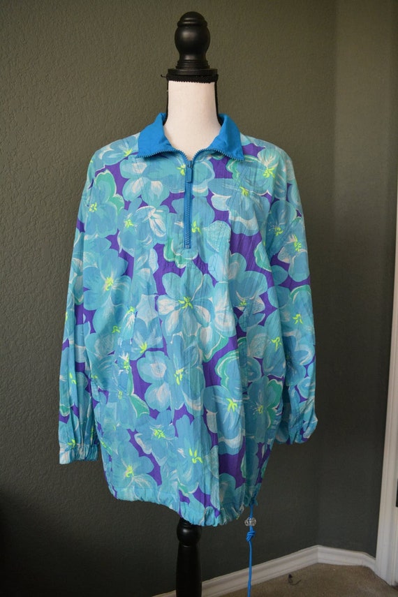 Vintage 80's Blue Floral Print Windbreaker Jacket 