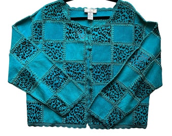 Vintage SMH Boutique Mujeres XL, 1X Chaqueta de cuero de ante patchwork de guepardo azul