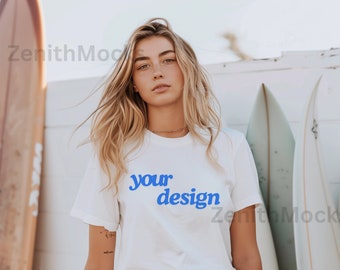 Maqueta de camisa blanca Bella Canvas 3001, maqueta de camiseta Surf Them, maqueta de playa, maqueta de camisa extragrande estilo surf, ropa informal