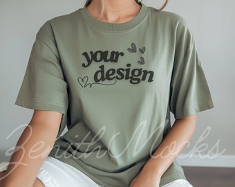 Light Green Comfort Colors 1717 T-Shirt Mockup | Over-Size Tee Mockup | Digital Mockup | Female Model | POD Ready | T-Shirt Mockup