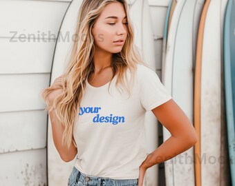 Maqueta de camisa blanca Bella Canvas 3001, maqueta de camiseta Surf Them, maqueta de playa, maqueta de camisa extragrande estilo surf, ropa informal