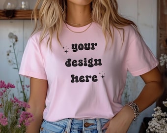 Blossom Comfort Colors 1717 T-Shirt Mockup | Over-Size Shirt Mockup | Digital Mockup | Female Model | POD Mockup | Pink Shirt Mockup