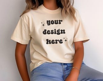 Ivory Comfort Colors 1717 T-Shirt Mockup | Over-Size Shirt Mockup | Digital Mockup | Female Model | POD Mockup | Shirt Mockup