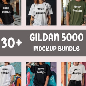 May include: A mockup bundle of 30+ Gildan 5000 t-shirts in various colors and styles. The text "your design" is printed on each shirt.