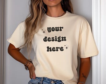 Ivory Comfort Colors 1717 T-Shirt Mockup | Over-Size Shirt Mockup | Digital Mockup | Female Model | POD Mockup | Shirt Mockup
