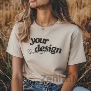 Sand Gildan 5000 Shirt Mockup | Autumn T-Shirt Mockup | Fall Tee Mockup | Digital Mockup | Female Model | POD T-Shirt Mockup