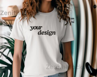 Maqueta de camisa blanca Comfort Colors 1717, maqueta de camiseta Surf Them, maqueta de playa, maqueta de camisa extragrande estilo surf, ropa informal