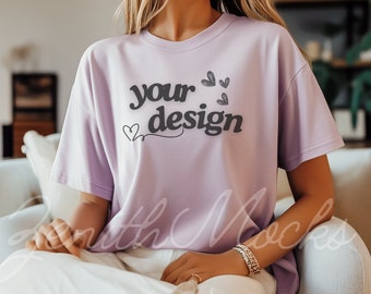 Violet Comfort Colors 1717 T-Shirt Mockup | Over-Size Tee Mockup | Digital Mockup | Female Model | POD Ready | T-Shirt Mockup