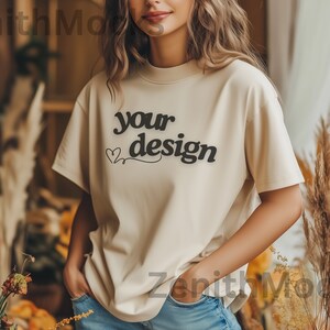 Sand Gildan 5000 Shirt Mockup | Autumn T-Shirt Mockup | Fall Tee Mockup | Digital Mockup | Female Model | POD T-Shirt Mockup