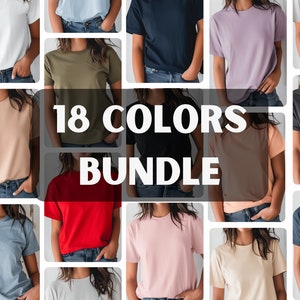 Bella Canvas 3001 シャツ カラー バンドル モックアップ バンドル | 3001 シャツ モックアップ バンドル | シンプルな女性用シャツ モックアップ