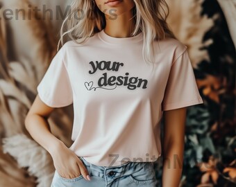 Pink Gildan 5000 Shirt Mockup | Autumn T-Shirt Mockup | Fall Tee Mockup | Digital Mockup | Female Model | POD T-Shirt Mockup