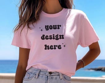 Blossom Comfort Colors 1717 T-Shirt Mockup | Over-Size Shirt Mockup | Digital Mockup | Female Model | POD Mockup | Pink Shirt Mockup