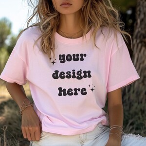 Blossom Comfort Colors 1717 T-Shirt Mockup | Oversized Shirt | Digital Mockup for POD | Model Wearing pink Tee | Instant Download