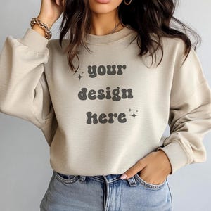 Female Gildan 18000 Sand Mockup | Gildan Beige Sweatshirt Mockup | Sweatshirt Model Mockup | Gildan Sand | 18000 Sand | Girl Sweater Mockup