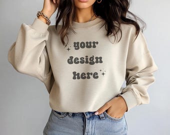 Female Gildan 18000 Sand Mockup | Gildan Beige Sweatshirt Mockup | Sweatshirt Model Mockup | Gildan Sand | 18000 Sand | Girl Sweater Mockup