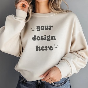 Female Gildan 18000 Sand Mockup | Gildan Beige Sweatshirt Mockup | Sweatshirt Model Mockup | Gildan Sand | 18000 Sand | Girl Sweater Mockup