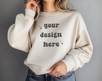Female Gildan 18000 Sand Mockup | Gildan Beige Sweatshirt Mockup | Sweatshirt Model Mockup | Gildan Sand | 18000 Sand | Girl Sweater Mockup