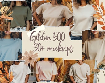 Gildan 5000 Mockup Bundle | Autumn T-Shirt Mockup | Fall Tee Mockup | Digital Mockup | Female Models | Male Models | POD T-Shirt Mockup
