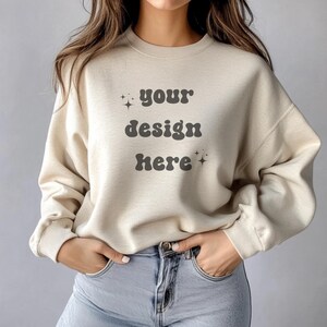 Female Gildan 18000 Sand Mockup | Gildan Beige Sweatshirt Mockup | Sweatshirt Model Mockup | Gildan Sand | 18000 Sand | Girl Sweater Mockup