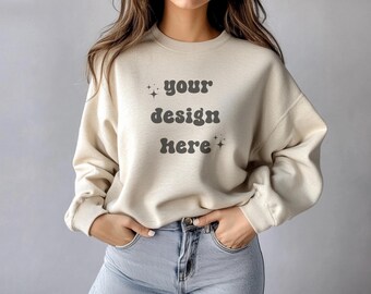 Female Gildan 18000 Sand Mockup | Gildan Beige Sweatshirt Mockup | Sweatshirt Model Mockup | Gildan Sand | 18000 Sand | Girl Sweater Mockup