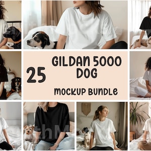 May include: A mockup bundle of 25 Gildan 5000 t-shirts featuring a variety of models wearing the shirts with dogs. The text "Gildan 5000 Dog Mockup Bundle" is displayed in the center of the image.