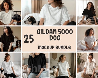 Gildan 5000 hondenmodelbundel | Mock-up hondenshirt | 5000-bundel | Model met hond | Mockup voor huisdieren