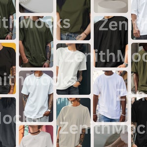 May include: A collage of 12 different t-shirt mockups in various colors, including black, white, green, and beige. The t-shirts are all plain and feature a crew neck.