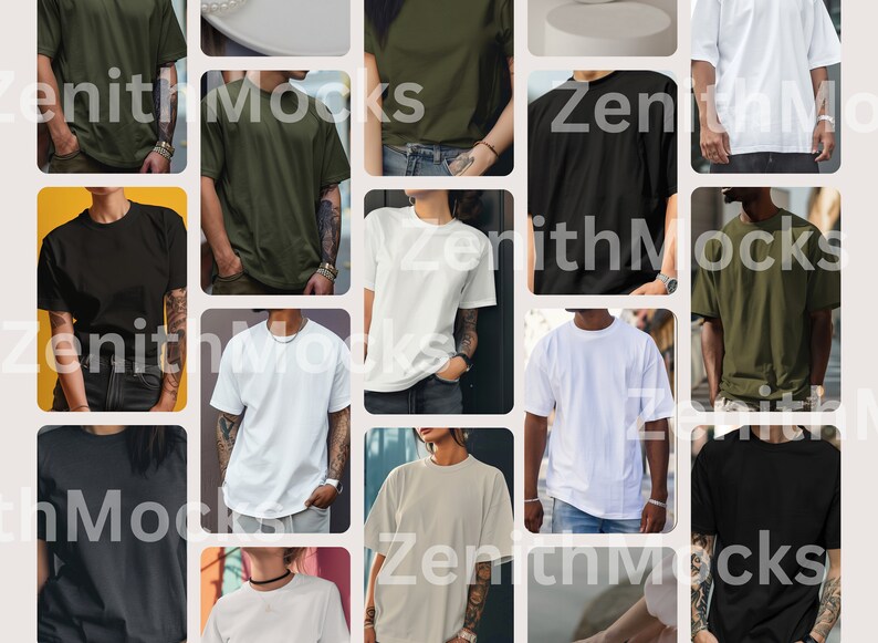 May include: A collage of 12 different t-shirt mockups in various colors, including black, white, green, and beige. The t-shirts are all plain and feature a crew neck.