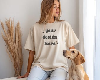 Gildan 5000 Natural Dog Mockup | Dog Shirt Mockup | Mockup With Dog | Pet Mockup