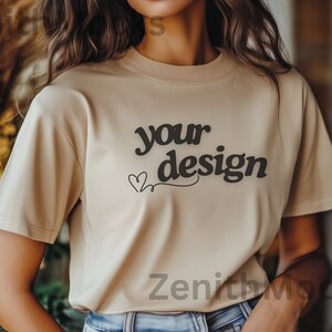 Sand Gildan 5000 Shirt Mockup | Autumn T-Shirt Mockup | Fall Tee Mockup | Digital Mockup | Female Model | POD T-Shirt Mockup