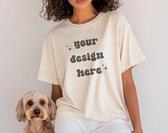Gildan 5000 Natural Dog Mockup | Dog Shirt Mockup | Mockup With Dog | Pet Mockup