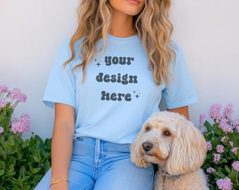 Gildan 5000 Light blue Dog Mockup | Dog Shirt Mockup | Mockup With Dog | Pet Mockup