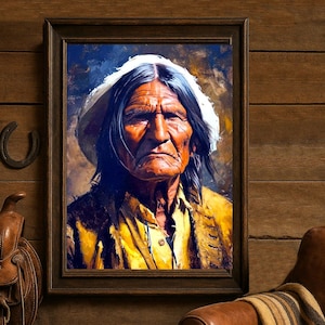 May include: A framed portrait of an elderly Native American man with long dark hair and a white head covering. He wears a yellow shirt and jacket. The painting is set against a blue and brown background, with a wooden frame. The image is displayed on a wooden wall.