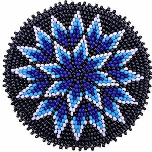 May include: Round beaded coaster with a floral design. The coaster features a black background with a central flower pattern in shades of blue and white. The beads are tightly arranged, creating a detailed and textured surface.