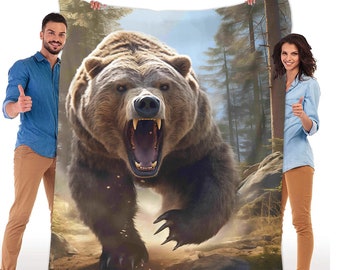 Roaring Grizzly Bear Plush Velveteen Minky Blanket