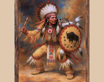 Spirit of the Warrior Matte Canvas Print, Indigenous Strength and Tradition, Symbolic Native American Portrait