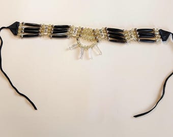 Black Horn Hairpipe Choker with Clear Quartz Crystal Centerpiece, Tribal Style Necklace with Black Deerskin Ties & Silver Beads