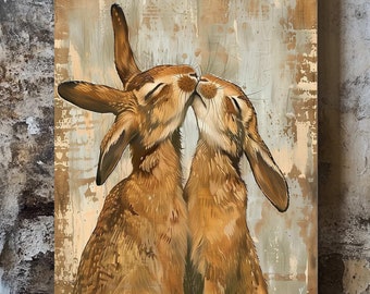 Rabbit Couple Kissing Wall Art, Cute Bunny Lovers Painting, Animal Love Artwork