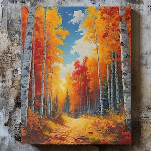 Autumn Forest Landscape Wall Art, Vibrant Tree Pathway Canvas Print, Fall Nature Themed Canvas