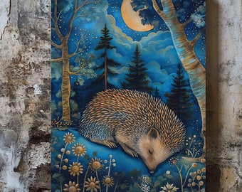 Impresión en lienzo mate de erizo a la luz de la luna, arte de pared con animales
