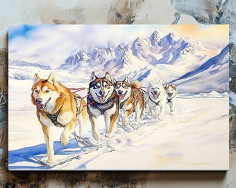 Impresión en lienzo mate de un equipo de perros de trineo de husky siberiano, arte animal de Alaska